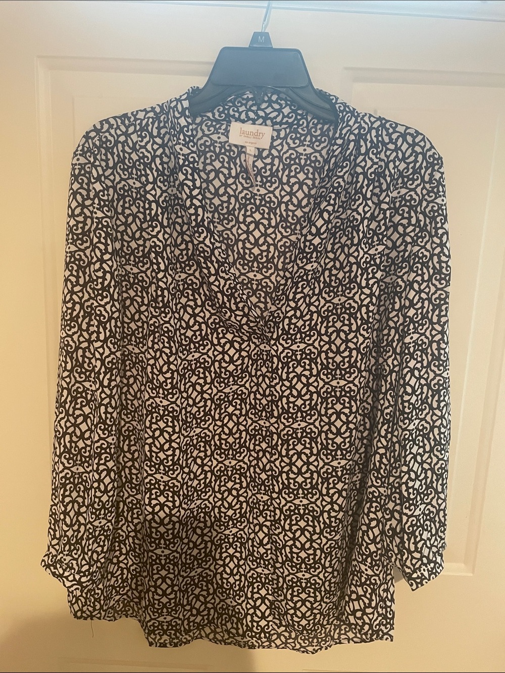 Laundry By Shelli Segal Black and White Scroll-Print V-Neck, Button Front Blouse